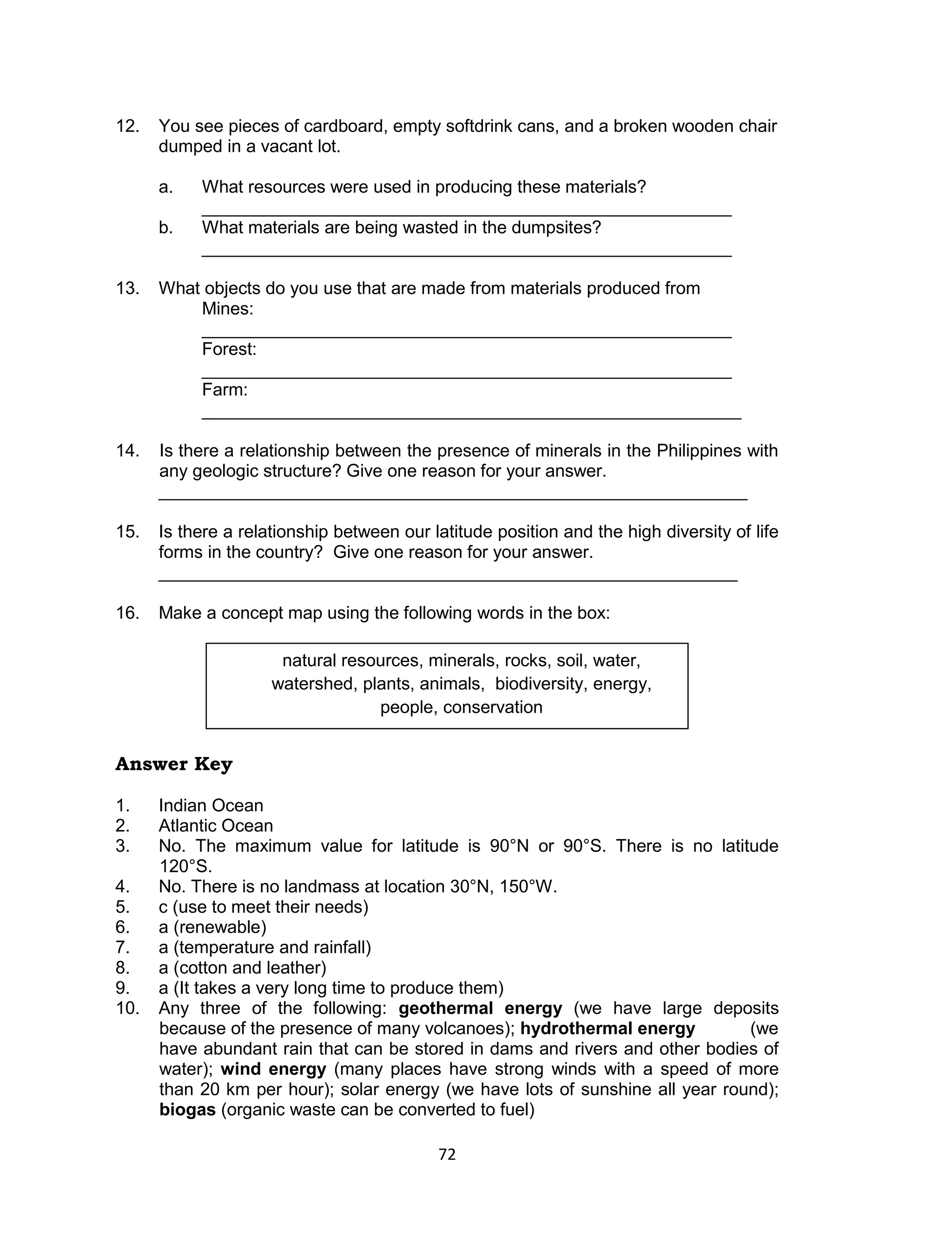 12.   You see pieces of cardboard, empty softdrink cans, and a broken wooden chair
      dumped in a vacant lot.

      a.   What resources were used in producing these materials?
           ______________________________________________________
      b.   What materials are being wasted in the dumpsites?
           ______________________________________________________

13.   What objects do you use that are made from materials produced from
          Mines:
          ______________________________________________________
          Forest:
          ______________________________________________________
          Farm:
          _______________________________________________________

14.   Is there a relationship between the presence of minerals in the Philippines with
      any geologic structure? Give one reason for your answer.
      ____________________________________________________________

15.   Is there a relationship between our latitude position and the high diversity of life
      forms in the country? Give one reason for your answer.
      ___________________________________________________________

16.   Make a concept map using the following words in the box:

                      natural resources, minerals, rocks, soil, water,
                     watershed, plants, animals, biodiversity, energy,
                                  people, conservation


Answer Key

1.    Indian Ocean
2.    Atlantic Ocean
3.    No. The maximum value for latitude is 90°N or 90°S. There is no latitude
      120°S.
4.    No. There is no landmass at location 30°N, 150°W.
5.    c (use to meet their needs)
6.    a (renewable)
7.    a (temperature and rainfall)
8.    a (cotton and leather)
9.    a (It takes a very long time to produce them)
10.   Any three of the following: geothermal energy (we have large deposits
      because of the presence of many volcanoes); hydrothermal energy          (we
      have abundant rain that can be stored in dams and rivers and other bodies of
      water); wind energy (many places have strong winds with a speed of more
      than 20 km per hour); solar energy (we have lots of sunshine all year round);
      biogas (organic waste can be converted to fuel)

                                           72
 