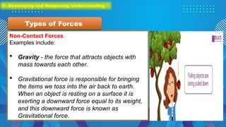 Non-Contact Forces
Examples include:
 Gravity - the force that attracts objects with
mass towards each other.
 Gravitational force is responsible for bringing
the items we toss into the air back to earth.
When an object is resting on a surface it is
exerting a downward force equal to its weight,
and this downward force is known as
Gravitational force.
Types of Forces
C. Developing and Deepening Understanding
 