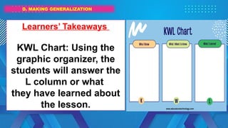 D. MAKING GENERALIZATION
Learners’ Takeaways
KWL Chart: Using the
graphic organizer, the
students will answer the
L column or what
they have learned about
the lesson.
 