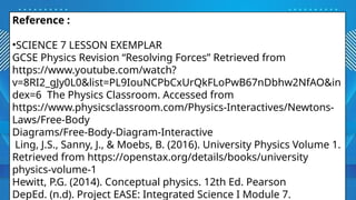 Reference :
•SCIENCE 7 LESSON EXEMPLAR
GCSE Physics Revision “Resolving Forces” Retrieved from
https://www.youtube.com/watch?
v=8RI2_gJy0L0&list=PL9IouNCPbCxUrQkFLoPwB67nDbhw2NfAO&in
dex=6 The Physics Classroom. Accessed from
https://www.physicsclassroom.com/Physics-Interactives/Newtons-
Laws/Free-Body
Diagrams/Free-Body-Diagram-Interactive
Ling, J.S., Sanny, J., & Moebs, B. (2016). University Physics Volume 1.
Retrieved from https://openstax.org/details/books/university
physics-volume-1
Hewitt, P.G. (2014). Conceptual physics. 12th Ed. Pearson
DepEd. (n.d). Project EASE: Integrated Science I Module 7.
 