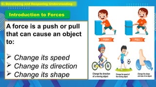 A force is a push or pull
that can cause an object
to:
 Change its speed
 Change its direction
 Change its shape
Introduction to Forces
C. Developing and Deepening Understanding
 