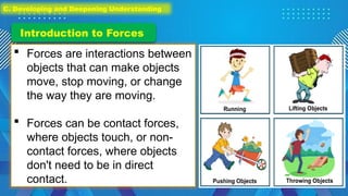  Forces are interactions between
objects that can make objects
move, stop moving, or change
the way they are moving.
 Forces can be contact forces,
where objects touch, or non-
contact forces, where objects
don't need to be in direct
contact.
Introduction to Forces
C. Developing and Deepening Understanding
 