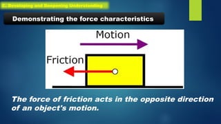 The force of friction acts in the opposite direction
of an object's motion.
Demonstrating the force characteristics
C. Developing and Deepening Understanding
 