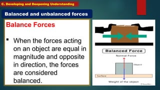 Balance Forces
 When the forces acting
on an object are equal in
magnitude and opposite
in direction, the forces
are considered
balanced.
Balanced and unbalanced forces
C. Developing and Deepening Understanding
 