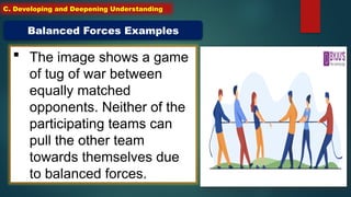  The image shows a game
of tug of war between
equally matched
opponents. Neither of the
participating teams can
pull the other team
towards themselves due
to balanced forces.
Balanced Forces Examples
C. Developing and Deepening Understanding
 