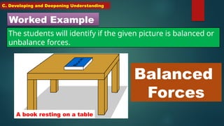 C. Developing and Deepening Understanding
Worked Example
The students will identify if the given picture is balanced or
unbalance forces.
A book resting on a table
Balanced
Forces
 