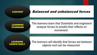Balanced and unbalanced forces
CONTENT
The learners learn that Scientists and engineers
analyze forces to predict their effects on
movement.
LEARNING
STANDARD
The learners will identify that forces act between
objects and can be measured.
LEARNING
COMPETENCY
 