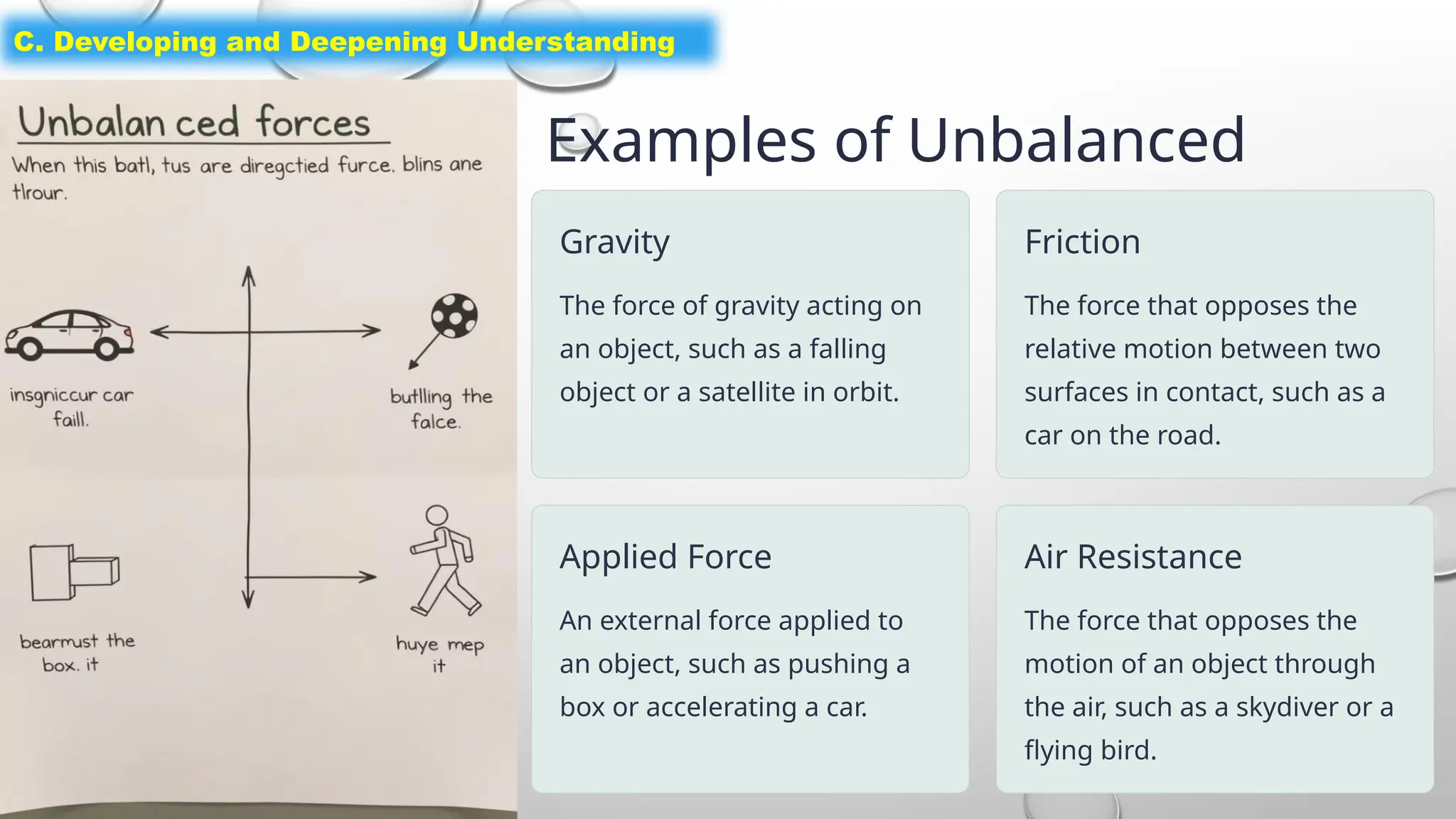 C. Developing and Deepening Understanding
Examples of Unbalanced
Forces
Gravity
The force of gravity acting on
an object, such as a falling
object or a satellite in orbit.
Friction
The force that opposes the
relative motion between two
surfaces in contact, such as a
car on the road.
Applied Force
An external force applied to
an object, such as pushing a
box or accelerating a car.
Air Resistance
The force that opposes the
motion of an object through
the air, such as a skydiver or a
flying bird.
 