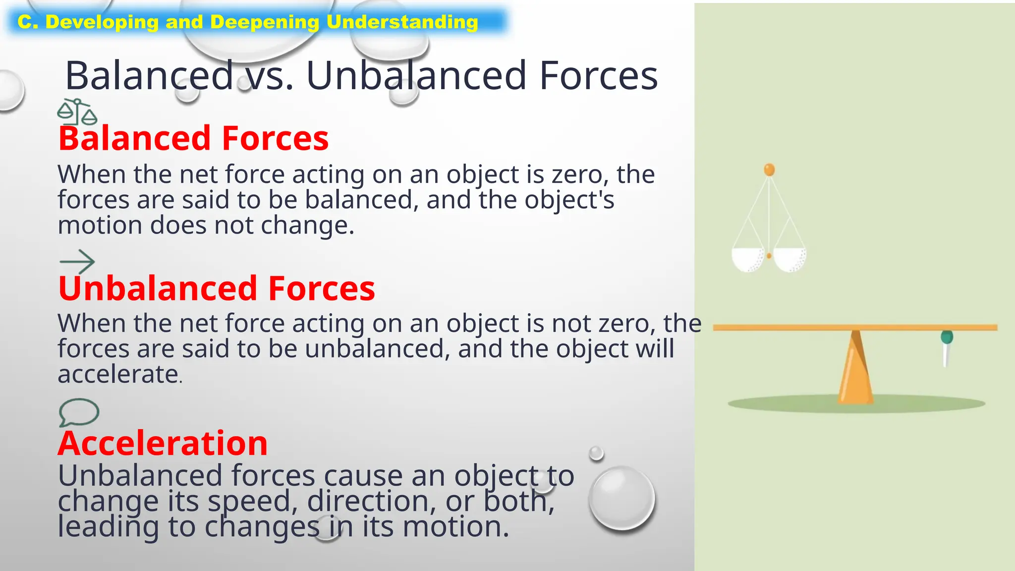 C. Developing and Deepening Understanding
Balanced vs. Unbalanced Forces
Balanced Forces
When the net force acting on an object is zero, the
forces are said to be balanced, and the object's
motion does not change.
Unbalanced Forces
When the net force acting on an object is not zero, the
forces are said to be unbalanced, and the object will
accelerate.
Acceleration
Unbalanced forces cause an object to
change its speed, direction, or both,
leading to changes in its motion.
 