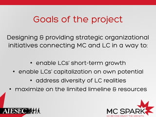 Goals of the project
Designing & providing strategic organizational
initiatives connecting MC and LC in a way to:
•  enable LCs’ short-term growth
•  enable LCs’ capitalization on own potential
•  address diversity of LC realities
•  maximize on the limited limeline & resources
 