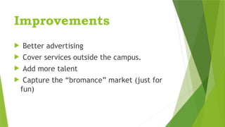 Improvements
 Better advertising
 Cover services outside the campus.
 Add more talent
 Capture the “bromance” market (just for
fun)
 