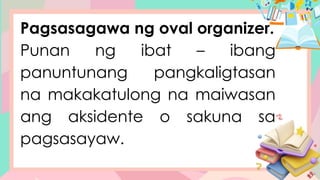 Pagsasagawa ng oval organizer.
Punan ng ibat – ibang
panuntunang pangkaligtasan
na makakatulong na maiwasan
ang aksidente o sakuna sa
pagsasayaw.
 