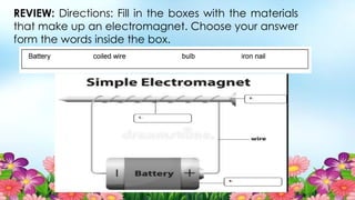 REVIEW: Directions: Fill in the boxes with the materials
that make up an electromagnet. Choose your answer
form the words inside the box.
 