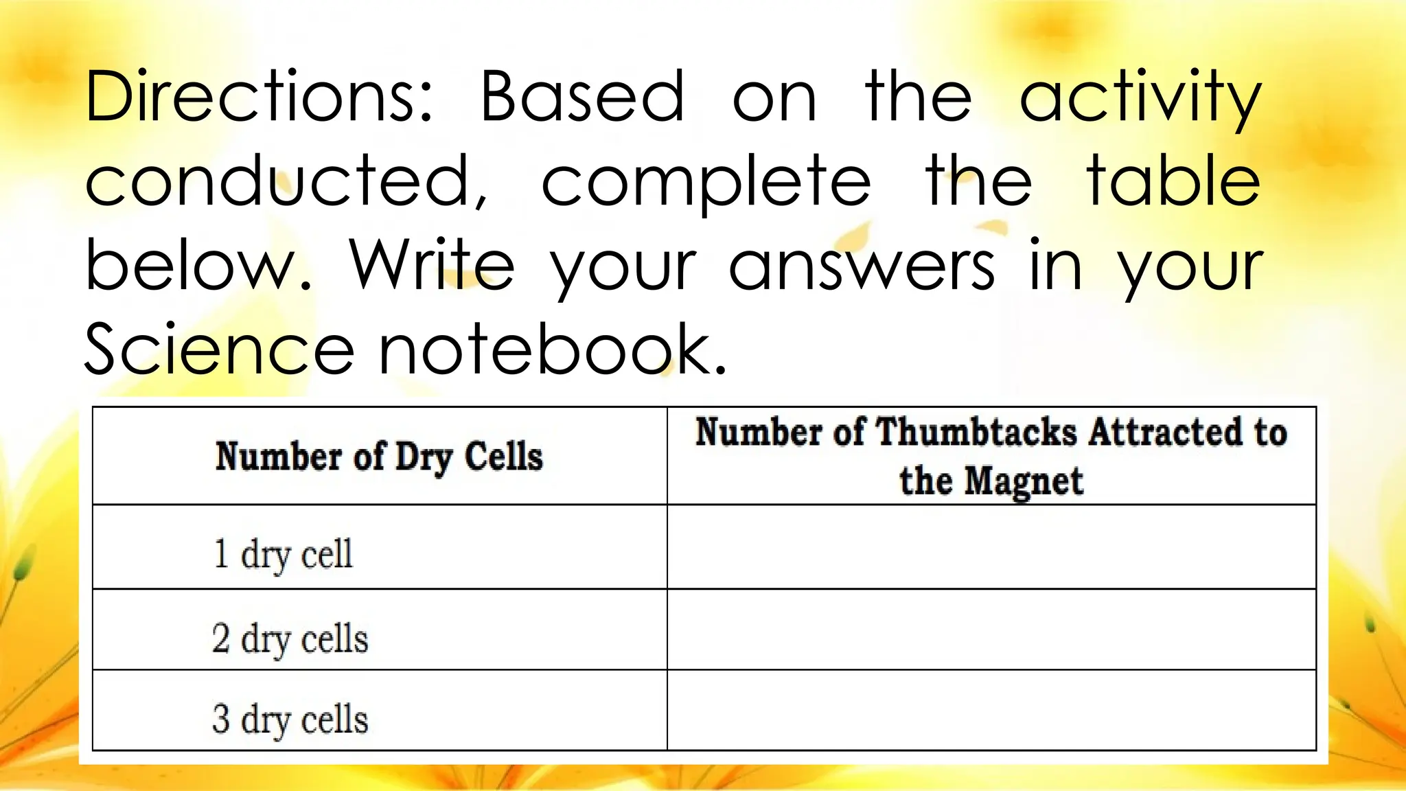 Directions: Based on the activity
conducted, complete the table
below. Write your answers in your
Science notebook.
 
