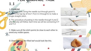 PERFORMANCE TASK
1.1
1. FISHBONE
A. To begin with, bring the needle out through point A,
which is the top tip of line Y. Put it in through B, to make a
single straight stitch.
B. This procedure of putting in the needle through X and Z
alternatively will follow. Each time we will be connecting X-Y
and Y-Z
C. Make sure all the stitch points lie close to each other to
avoid any visible spaces.
D. Once finished, the filled leaf would look like this.
 