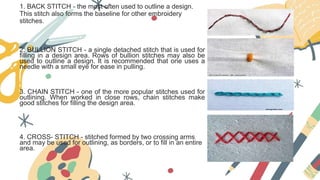 1. BACK STITCH - the most often used to outline a design.
This stitch also forms the baseline for other embroidery
stitches.
2. BULLION STITCH - a single detached stitch that is used for
filling in a design area. Rows of bullion stitches may also be
used to outline a design. It is recommended that one uses a
needle with a small eye for ease in pulling.
3. CHAIN STITCH - one of the more popular stitches used for
outlining. When worked in close rows, chain stitches make
good stitches for filling the design area.
4. CROSS- STITCH - stitched formed by two crossing arms
and may be used for outlining, as borders, or to fill in an entire
area.
 