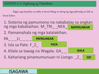1. Sistema ng pamumono na nakabatay sa angkan
ng mga kababaihan. M_TRI_ _NEA_
2. Pamamahala ng mga kalalakihan.
PA_ _ _LI_ _ _ _
3. Isla sa Pate. F_Z_
4. Kilala sa tawag na Wagala. GA_ _
5. Kahariang pinamumunuan ni Liongo. _Z_
ISAGAWA
GAWAIN2: A. Paglinangng Talasalitaan
Ibigay ang tinutukoy na salita sa bawat bilang sa tulong ng mga pahiwatig na titik sa
bawat kahon.
MATRILINEAR
PATRILINEAR
FAZA
GALA
OZI
 