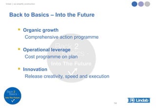 lindab | we simplify construction

Back to Basics – Into the Future



Organic growth
Comprehensive action programme



Operational leverage
Cost programme on plan



Innovation
Release creativity, speed and execution

14

 