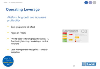 lindab | we simplify construction

Operating Leverage
Platform for growth and increased
profitability



Cost programme full effect



Focus on ROCE



”World-class” efficient production units, IT,
Purchasing/sourcing, Marketing = central
functions



Lean management throughout – simplify
execution

20

 
