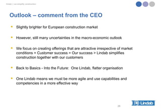 lindab | we simplify construction

Outlook – comment from the CEO


Slightly brighter for European construction market



However, still many uncertainties in the macro-economic outlook



We focus on creating offerings that are attractive irrespective of market
conditions = Customer success = Our success > Lindab simplifies
construction together with our customers



Back to Basics - Into the Future: One Lindab, flatter organisation



One Lindab means we must be more agile and use capabilities and
competencies in a more effective way

28

 