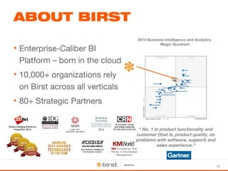 30 
ABOUT BIRST 
• Enterprise-Caliber BI 
Platform – born in the cloud 
• 10,000+ organizations rely 
on Birst across all verticals 
• 80+ Strategic Partners 
2014 Business Intelligence and Analytics 
Magic Quadrant 
“ No. 1 in product functionality and 
customer (that is, product quality, no 
problems with software, support) and 
sales experience.” 
 