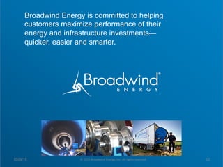 Click to edit Master title style
§  Click to edit Master text styles
–  Second level
•  Third level
–  Fourth level
»  Fifth level
Broadwind Energy is committed to helping
customers maximize performance of their
energy and infrastructure investments—
quicker, easier and smarter.
10/29/15 ©	
  2015	
  Broadwind	
  Energy,	
  Inc.	
  All	
  rights	
  reserved.	
   12	
  
 