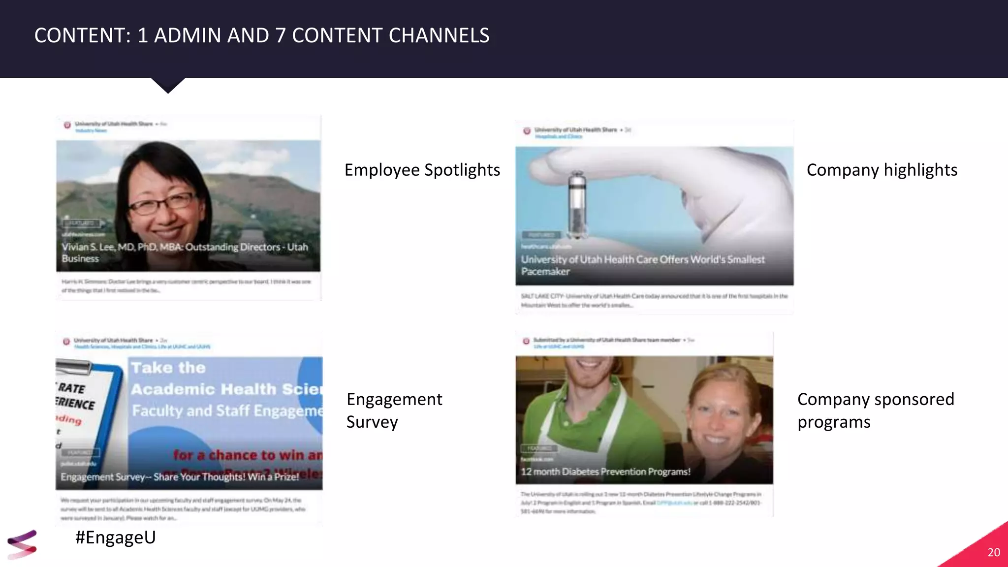 20
CONTENT: 1 ADMIN AND 7 CONTENT CHANNELS
#EngageU
Employee Spotlights
Engagement
Survey
Company highlights
Company sponsored
programs
 