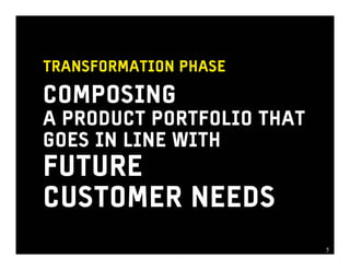 TRANSFORMATION PHASE

COMPOSING
A PRODUCT PORTFOLIO THAT
GOES IN LINE WITH
FUTURE
CUSTOMER NEEDS
                           55
 