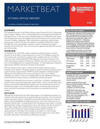 OTTAWA OFFICE REPORT
                                                                                                                                            3Q09


ECONOMY                                                                                            BEAT ON THE STREET
                                                                                                   “Ottawa’s first multi-tenant LEED building,180
The unemployment rate for the Ottawa-Gatineau region decreased by half of a percentage
point in August—falling to 5.4%—as local employment rose by approximately 9,200 jobs,              Kent, officially opened its doors this quarter.
the largest increase in over three years. Employment gains were widespread in the region,          The demand from tenants looking for green
                                                                                                   office space is growing and supply is not
                                                                                                   keeping up with demand. Progressive
with the largest gains seen in the healthcare and social assistance sectors, as well as finance,
                                                                                                   landlords and building owners need to
real estate, insurance, and leasing. Public administration employment remains strong,
                                                                                                   understand and inventory the green attributes
posting a gain of about 2,700 jobs, with employment reaching 165,500 jobs in August.
The high-tech sector, unfortunately, continues to suffer, as employment in August                  of their buildings. Buildings with designations
declined to reach 53,100 jobs. The sector has now lost approximately 8,600 jobs over the           such as BOMA BESt or LEED certification will
past twelve months.                                                                                enjoy a distinct competitive advantage.”
                                                                                                   –James McNeil, Associate Vice President
OVERVIEW                                                                                           Ottawa Green Real Estate Practice Lead

                                                                                                   ECONOMIC INDICATORS
As anticipated, the overall office market continued to soften this quarter, as vacancy
increased by seven tenths of a percentage point to reach 7.2%, the highest vacancy has
                                                                                                                                   2007    2008   2009F
                                                                                                   GDP Growth                      2.5%    0.8%   -0.5%
been in three years. Currently, the amount of space available in the city is 2.6 million
square feet (msf). Of the additional 271,000 square feet (sf) of space that came on the
market this quarter, the largest contributor was 180 Kent Street, the new downtown core            CPI Growth                      1.9%    2.2%    1.0%
class A office building that was completed this quarter. As of the beginning of September,         Unemployment                    5.2%    4.8%    6.1%
                                                                                                   Employment                      1.3%    2.8%   -2.8%
approximately 104,000 sf remained to be leased in that property.
                                                                                                   Growth
                                                                                                   Source: Conference Board of Canada
With this increase of vacant space—and with both the public and private sectors
remaining on the sidelines—absorption figures this quarter would have continued to be in
                                                                                                   MARKET FORECAST
negative territory at approximately 140,000 sf, but the completion of 180 Kent helped

                                                                                                   LEASING ACTIVITY has maintained
absorption to rebound into positive territory this quarter of just over 111,000 sf.
                                                                                                   its momentum with activity levels
Although some vacancy remains in the building, approximately 250,000 sf had been pre-
                                                                                                   close to amounts posted in the
leased and all of this square footage is considered to be positive absorption.
Leasing activity rebounded from last quarter to reach close to 316,000 sf, something that          second quarter.
could be seen as a sign of increasing office market velocity. Activity was split fairly evenly     DIRECT ABSORPTION headed
                                                                                                   back into positive territory in the third
                                                                                                   quarter, entirely due to the
between the Central and Suburban West markets, with only minimal activity seen in the
                                                                                                   completion of 180 Kent Street.
Suburban East market. In the Suburban West market it was Kanata that was the most
active, and in the Central market it was the downtown core, particularly the class B
                                                                                                   CONSTRUCTION activity has
                                                                                                   stabilized as construction continues
segment.
OUTLOOK                                                                                            on the new downtown core office
                                                                                                   tower, due to be completed in 2011,
                                                                                                   and the new building for
Although the overall mood in the office market appears to be brightening somewhat, it is
                                                                                                   Accreditation Canada.
unknown if this will translate into any significant decreases in vacancy. Over the last three
months of the year, vacancy is anticipated to remain fairly stable and may even rebound
slightly, with this being largely contingent upon activity in the class A downtown core, in        OVERALL RENT VS. VACANCY
particular 180 Kent Street. Looking ahead to 2010, the picture is more unclear. Currently,
                                                                                                                            Rent       Vacanc y
                                                                                                        $18                                       10%
significant blocks of space are forecasted to come on the market in the first six months of
2010. These include close to 60,000 sf in the downtown core class A market, over
100,000 sf in the Ottawa East market and approximately 56,000 sf in Kanata. A                           $16                                       8%
                                                                                                                                                  6%
                                                                                                   psf/yr




                                                                                                        $14
significant portion of this space will be coming on the market as a result of tenant
consolidations. Time will tell if market conditions will have improved to a point where                                                           4%
the market will be able to absorb this new additional vacant space.                                     $12                                       2%
                                                                                                        $10                                       0%

                                                                                                                   08     08   08   09   09  09
OTTAWA OFFICE REPORT 3Q09                                                                                     2Q        3Q 4 Q    1Q   2Q 3 Q      1
 