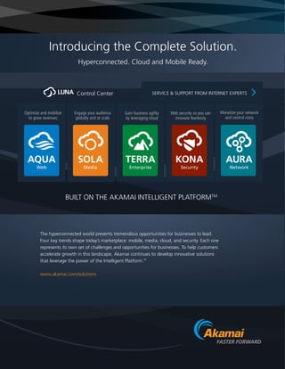 Introducing the Complete Solution.
Hyperconnected. Cloud and Mobile Ready.

Control Center
Optimize and mobilize
to grow revenues

AQUA
Web

Engage your audience
globally and at scale

SOLA
Media

SERVICE  SUPPORT FROM INTERNET EXPERTS

Gain business agility
by leveraging cloud

TERRA
Enterprise

Web security so you can
innovate fearlessly

KONA
Security

BUILT ON THE AKAMAI INTELLIGENT PLATFORMTM

Monetize your network
and control costs

AURA
Network

WE’RE SOCIAL, FOLLOW US!
@Akamai
facebook.com/AkamaiTechnologies

The hyperconnected world presents tremendous opportunities for businesses to lead.
F
 our key trends shape today’s marketplace: mobile, media, cloud, and security. Each one
r
 epresents its own set of challenges and opportunities for businesses. To help customers
a
 ccelerate growth in this landscape, Akamai continues to develop innovative solutions
t
 hat leverage the power of the Intelligent Platform.™
www.akamai.com/solutions

linkedin.com/company/Akamai-Technologies
youtube.com/AkamaiTechnologies
blogs.akamai.com
pinterest.com/AkamaiTech
slideshare.net/AkamaiTechnologies

 