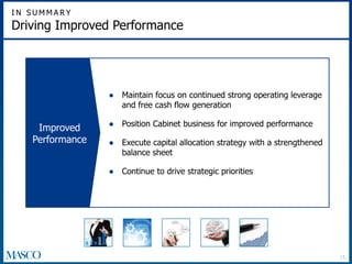 I N S UMMA R Y 
Driving Improved Performance 
● Maintain focus on continued strong operating leverage 
and free cash flow generation 
● Position Cabinet business for improved performance 
● Execute capital allocation strategy with a strengthened 
balance sheet 
● Continue to drive strategic priorities 
15 
Improved 
Performance 
 