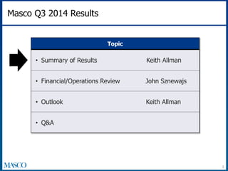 Masco Q3 2014 Results 
Topic 
• Summary of Results Keith Allman 
• Financial/Operations Review John Sznewajs 
• Outlook Keith Allman 
• Q&A 
3 
 