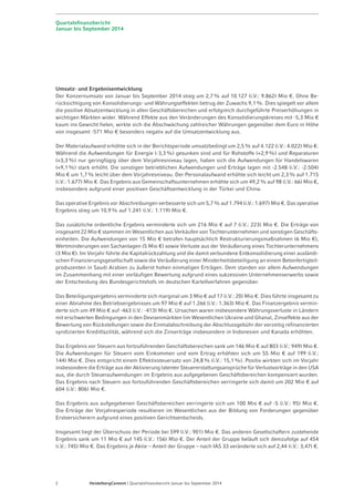 Quartalsfinanzbericht 
Januar bis September 2014 
Umsatz- und Ergebnisentwicklung 
Der Konzernumsatz von Januar bis September 2014 stieg um 2,7% auf 10.127 (i.V.: 9.862) Mio €. Ohne Be-rücksichtigung 
von Konsolidierungs- und Währungseffekten betrug der Zuwachs 9,1 %. Dies spiegelt vor allem 
die positive Absatzentwicklung in allen Geschäftsbereichen und erfolgreich durchgeführte Preiserhöhungen in 
wichtigen Märkten wider. Während Effekte aus den Veränderungen des Konsolidierungskreises mit -5,3 Mio € 
kaum ins Gewicht fielen, wirkte sich die Abschwächung zahlreicher Währungen gegenüber dem Euro in Höhe 
von insgesamt -571 Mio € besonders negativ auf die Umsatzentwicklung aus. 
Der Materialaufwand erhöhte sich in der Berichtsperiode umsatzbedingt um 2,5 % auf 4.122 (i.V.: 4.022) Mio €. 
Während die Aufwendungen für Energie (-3,3 %) gesunken sind und für Rohstoffe (+2,9%) und Reparaturen 
(+3,3%) nur geringfügig über dem Vorjahresniveau lagen, haben sich die Aufwendungen für Handelswaren 
(+9,1%) stark erhöht. Die sonstigen betrieblichen Aufwendungen und Erträge lagen mit -2.548 (i.V.: -2.504) 
Mio € um 1,7% leicht über dem Vorjahresniveau. Der Personalaufwand erhöhte sich leicht um 2,3 % auf 1.715 
(i.V.: 1.677) Mio €. Das Ergebnis aus Gemeinschaftsunternehmen erhöhte sich um 49,2% auf 98 (i.V.: 66) Mio €, 
insbesondere aufgrund einer positiven Geschäftsentwicklung in der Türkei und China. 
Das operative Ergebnis vor Abschreibungen verbesserte sich um 5,7% auf 1.794 (i.V.: 1.697) Mio €. Das operative 
Ergebnis stieg um 10,9 % auf 1.241 (i.V.: 1.119) Mio €. 
Das zusätzliche ordentliche Ergebnis verminderte sich um 216 Mio € auf 7 (i.V.: 223) Mio €. Die Erträge von 
insgesamt 22 Mio € stammen im Wesentlichen aus Verkäufen von Tochterunternehmen und sonstigen Geschäfts-einheiten. 
Die Aufwendungen von 15 Mio € betrafen hauptsächlich Restrukturierungsmaßnahmen (6 Mio €), 
Wertminderungen von Sachanlagen (5 Mio €) sowie Verluste aus der Veräußerung eines Tochterunternehmens 
(3 Mio €). Im Vorjahr führte die Kapitalrückzahlung und die damit verbundene Entkonsolidierung einer ausländi-schen 
Finanzierungsgesellschaft sowie die Veräußerung einer Minderheitsbeteiligung an einem Betonfertigteil­produzenten 
in Saudi Arabien zu äußerst hohen einmaligen Erträgen. Dem standen vor allem Aufwendungen 
im Zusammenhang mit einer vorläufigen Bewertung aufgrund eines sukzessiven Unternehmenserwerbs sowie 
der Entscheidung des Bundesgerichtshofs im deutschen Kartellverfahren gegenüber. 
Das Beteiligungsergebnis verminderte sich marginal um 3 Mio € auf 17 (i.V.: 20) Mio €. Dies führte insgesamt zu 
einer Abnahme des Betriebsergebnisses um 97 Mio € auf 1.266 (i.V.: 1.363) Mio €. Das Finanzergebnis vermin-derte 
sich um 49 Mio € auf -463 (i.V.: -413) Mio €. Ursachen waren insbesondere Währungsverluste in Ländern 
mit erschwerten Bedingungen in den Devisenmärkten (im Wesentlichen Ukraine und Ghana), Zinseffekte aus der 
Bewertung von Rückstellungen sowie die Einmalabschreibung der Abschlussgebühr der vorzeitig refinanzierten 
syndizierten Kreditfazilität, während sich die Zinserträge insbesondere in Indonesien und Kanada erhöhten. 
Das Ergebnis vor Steuern aus fortzuführenden Geschäftsbereichen sank um 146 Mio € auf 803 (i.V.: 949) Mio €. 
Die Aufwendungen für Steuern vom Einkommen und vom Ertrag erhöhten sich um 55 Mio € auf 199 (i.V.: 
144) Mio €. Dies entspricht einem Effektivsteuersatz von 24,8% (i.V.: 15,1%). Positiv wirkten sich im Vorjahr 
insbesondere die Erträge aus der Aktivierung latenter Steuererstattungsansprüche für Verlustvorträge in den USA 
aus, die durch Steueraufwendungen im Ergebnis aus aufgegebenen Geschäftsbereichen kompensiert wurden. 
Das Ergebnis nach Steuern aus fortzuführenden Geschäftsbereichen verringerte sich damit um 202 Mio € auf 
604 (i.V.: 806) Mio €. 
Das Ergebnis aus aufgegebenen Geschäftsbereichen verringerte sich um 100 Mio € auf -5 (i.V.: 95) Mio €. 
Die Erträge der Vorjahresperiode resultieren im Wesentlichen aus der Bildung von Forderungen gegenüber 
Erstversicherern aufgrund eines positiven Gerichtsentscheids. 
Insgesamt liegt der Überschuss der Periode bei 599 (i.V.: 901) Mio €. Das anderen Gesellschaftern zustehende 
Ergebnis sank um 11 Mio € auf 145 (i.V.: 156) Mio €. Der Anteil der Gruppe beläuft sich demzufolge auf 454 
(i.V.: 745) Mio €. Das Ergebnis je Aktie – Anteil der Gruppe – nach IAS 33 veränderte sich auf 2,44 (i.V.: 3,47) €. 
2 HeidelbergCement | Quartalsfinanzbericht Januar bis September 2014 
 