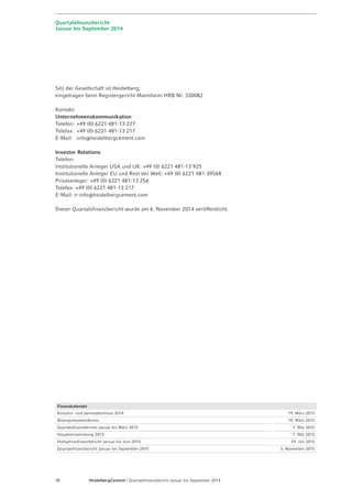 Quartalsfinanzbericht 
Januar bis September 2014 
Sitz der Gesellschaft ist Heidelberg; 
eingetragen beim Registergericht Mannheim HRB Nr. 330082 
Kontakt: 
Unternehmenskommunikation 
Telefon: +49 (0) 6221 481-13 227 
Telefax: +49 (0) 6221 481-13 217 
E-Mail: info@heidelbergcement.com 
Investor Relations 
Telefon: 
Institutionelle Anleger USA und UK: +49 (0) 6221 481-13 925 
Institutionelle Anleger EU und Rest der Welt: +49 (0) 6221 481-39568 
Privatanleger: +49 (0) 6221 481-13 256 
Telefax: +49 (0) 6221 481-13 217 
E-Mail: ir-info@heidelbergcement.com 
Dieser Quartalsfinanzbericht wurde am 6. November 2014 veröffentlicht. 
Finanzkalender 
Konzern- und Jahresabschluss 2014 19. März 2015 
Bilanzpressekonferenz 19. März 2015 
Quartalsfinanzbericht Januar bis März 2015 7. Mai 2015 
Hauptversammlung 2015 7. Mai 2015 
Halbjahresfinanzbericht Januar bis Juni 2015 29. Juli 2015 
Quartalsfinanzbericht Januar bis September 2015 5. November 2015 
38 HeidelbergCement | Quartalsfinanzbericht Januar bis September 2014 
 