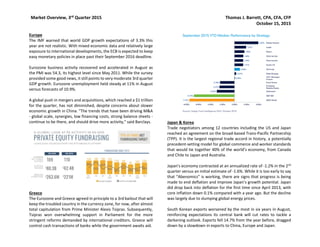 Market Overview, 3rd Quarter 2015 Thomas J. Barrett, CPA, CFA, CFP
October 15, 2015
Europe
The IMF warned that world GDP growth expectations of 3.3% this
year are not realistic. With mixed economic data and relatively large
exposure to international developments, the ECB is expected to keep
easy monetary policies in place past their September 2016 deadline.
Eurozone business activity recovered and accelerated in August as
the PMI was 54.3, its highest level since May 2011. While the survey
provided some good news, it still points to very moderate 3rd quarter
GDP growth. Eurozone unemployment held steady at 11% in August
versus forecasts of 10.9%.
A global push in mergers and acquisitions, which reached a $1 trillion
for the quarter, has not diminished, despite concerns about slower
economic growth in China. "The trends that have been driving M&A
- global scale, synergies, low financing costs, strong balance sheets -
continue to be there, and should drive more activity," said Barclays.
Greece
The Eurozone and Greece agreed in principle to a 3rd bailout that will
keep the troubled country in the currency zone, for now, after almost
total capitulation from Prime Minister Alexis Tsipras. Subsequently,
Tsipras won overwhelming support in Parliament for the more
stringent reforms demanded by international creditors. Greece will
control cash transactions of banks while the government awaits aid.
Japan & Korea
Trade negotiators among 12 countries including the US and Japan
reached an agreement on the broad-based Trans-Pacific Partnership
(TPP). It is the largest regional trade accord in history, a potentially
precedent-setting model for global commerce and worker standards
that would tie together 40% of the world’s economy, from Canada
and Chile to Japan and Australia.
Japan's economy contracted at an annualized rate of -1.2% in the 2nd
quarter versus an initial estimate of -1.6%. While it is too early to say
that “Abenomics” is working, there are signs that progress is being
made to end deflation and improve Japan’s growth potential. Japan
did drop back into deflation for the first time since April 2013, with
core inflation down 0.1% compared with a year ago. But the decline
was largely due to slumping global energy prices.
South Korean exports worsened by the most in six years in August,
reinforcing expectations its central bank will cut rates to tackle a
darkening outlook. Exports fell 14.7% from the year before, dragged
down by a slowdown in exports to China, Europe and Japan.
 