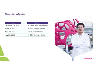 44
Financial calendar
EventDate
December 10, 2015
March 8, 2016
April 29, 2016
May 19, 2016 Q1 2016 Earnings release
M³ - Meet Merck Management
Q4 2015 Earnings release
Annual General Meeting
 