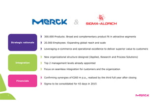 9
&
Strategic rationale
Financials
300.000 Products: Broad and complementary product fit in attractive segments
20.000 Employees: Expanding global reach and scale
Leveraging e-commerce and operational excellence to deliver superior value to customers
Integration
New organizational structure designed (Applied, Research and Process Solutions)
Top 2 management levels already appointed
Confirming synergies of €260 m p.a., realized by the third full year after closing
Sigma to be consolidated for 43 days in 2015
Focus on seamless integration for customers and the organization
 