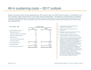 Newmont Mining Corporation I Q3 2017 earnings I Slide 36October 26, 2017
All-in sustaining costs – 2017 outlook
(1) Excludes Depreciation and amortization and
Reclamation and remediation.
(2) Includes stockpile and leach pad inventory
adjustments.
(3) Remediation costs include operating accretion and
amortization of asset retirement costs.
(4) Excludes development capital expenditures,
capitalized interest and change in accrued capital.
(5) The reconciliation to the left is provided for illustrative
purposes in order to better describe management’s
estimates of the components of the calculation.
Ranges for each component of the forward-looking All-
in sustaining costs per ounce are independently
calculated and, as a result, the total All-in sustaining
costs and the All-in sustaining costs per ounce may
not sum to the component ranges. While a
reconciliation to the most directly comparable GAAP
measure has been provided for 2017 AISC Gold
Outlook on a consolidated basis, a reconciliation has
not been provided on an individual site-by-site basis or
for longer-term outlook in reliance on Item
10(e)(1)(i)(B) of Regulation S-K because such
reconciliation is not available without unreasonable
efforts. See the Cautionary Statement at the end of
this news release for additional information.
Similar to the historical AISC amounts presented above, AISC outlook is also a non-GAAP financial measure. A reconciliation of the
2017 Gold AISC outlook range to the 2017 CAS outlook range is provided below. The estimates in the table below are considered
“forward-looking statements” within the meaning of Section 27A of the Securities Act of 1933, as amended, and Section 21E of the
Securities Exchange Act of 1934, as amended, which are intended to be covered by the safe harbor created by such sections and
other applicable laws.
2017 Outlook - Gold Outlook range
Low High
Costs Applicable to Sales
(1) (2)
$ 3,715 $ 4,065
Reclamation Costs
(3)
110 130
Advanced Projects and Exploration 325 375
General and Administrative 215 240
Other Expense 5 30
Treatment and Refining Costs 20 40
Sustaining Capital
(4)
575 675
All-in Sustaining Costs $ 4,930 $ 5,430
Ounces (000) Sold 5,400 5,800
All-in Sustaining Costs per oz
(5)
$ 900 $ 950
 