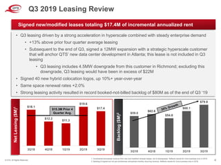 © QTS. All Rights Reserved. 4
NetLeasing($M)1
• Q3 leasing driven by a strong acceleration in hyperscale combined with steady enterprise demand
• +13% above prior four quarter average leasing
• Subsequent to the end of Q3, signed a 12MW expansion with a strategic hyperscale customer
that will anchor QTS’ new data center development in Atlanta; this lease is not included in Q3
leasing
• Q3 leasing includes 4.5MW downgrade from this customer in Richmond; excluding this
downgrade, Q3 leasing would have been in excess of $22M
• Signed 40 new hybrid colocation logos, up 10%+ year-over-year
• Same space renewal rates +2.0%
• Strong leasing activity resulted in record booked-not-billed backlog of $80M as of the end of Q3 ‘19
Signed new/modified leases totaling $17.4M of incremental annualized rent
Backlog($M)2
1. Incremental annualized revenue from new and modified renewal leases, net of downgrades. Reflects results for Core business only in 2018.
2. Backlog of signed but not yet commenced annualized monthly recurring revenue. Reflects results for Core business only in 2018.
$15.3M Prior 4
Quarter Avg.
Q3 2019 Leasing Review
 