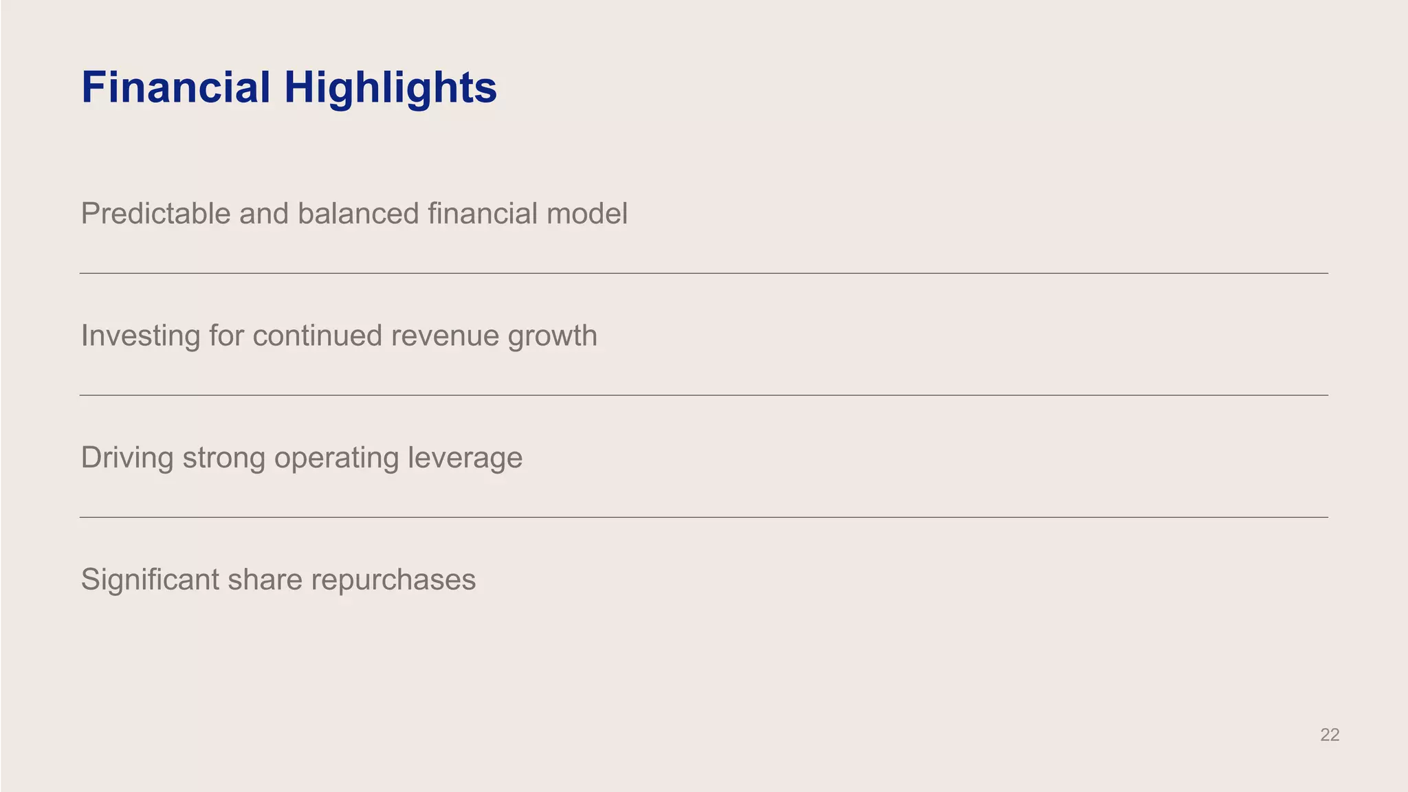 Financial Highlights
Predictable and balanced financial model
Investing for continued revenue growth
Driving strong operating leverage
22
Significant share repurchases
 