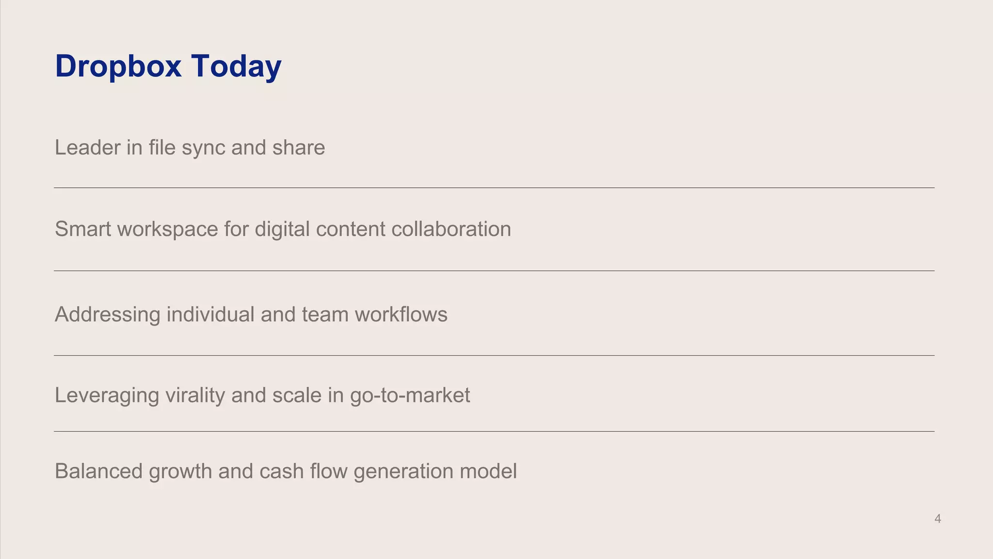 Dropbox Today
Leader in file sync and share
Smart workspace for digital content collaboration
Addressing individual and team workflows
Leveraging virality and scale in go-to-market
Balanced growth and cash flow generation model
4
 