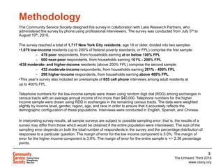 The Unheard Third 2016
www.cssny.org
3
The Community Service Society designed this survey in collaboration with Lake Research Partners, who
administered the survey by phone using professional interviewers. The survey was conducted from July 5th to
August 10th, 2016.
The survey reached a total of 1,717 New York City residents, age 18 or older, divided into two samples:
•1,079 low-income residents (up to 200% of federal poverty standards, or FPL) comprise the first sample:
– 479 poor respondents, from households earning at or below 100% FPL
– 600 near-poor respondents, from households earning 101% - 200% FPL
•638 moderate- and higher-income residents (above 200% FPL) comprise the second sample:
– 432 moderate-income respondents, from households earning 201% - 400% FPL
– 206 higher-income respondents, from households earning above 400% FPL
•This year’s survey also included an oversample of 655 cell phone interviews among adult residents at
up to 400% FPL.
Telephone numbers for the low-income sample were drawn using random digit dial (RDD) among exchanges in
census tracts with an average annual income of no more than $40,000. Telephone numbers for the higher
income sample were drawn using RDD in exchanges in the remaining census tracts. The data were weighted
slightly by income level, gender, region, age, and race in order to ensure that it accurately reflects the
demographic configuration of these populations. Interviews were conducted in English, Spanish, and Chinese.
In interpreting survey results, all sample surveys are subject to possible sampling error; that is, the results of a
survey may differ from those which would be obtained if the entire population were interviewed. The size of the
sampling error depends on both the total number of respondents in the survey and the percentage distribution of
responses to a particular question. The margin of error for the low income component is 3.0%. The margin of
error for the higher income component is 3.9%. The margin of error for the entire sample is +/- 2.36 percentage
points.
Methodology
 