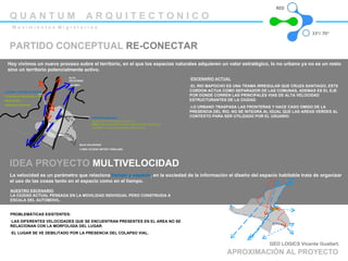 PARTIDO CONCEPTUAL  RE-CONECTAR ESCENARIO ACTUAL EL RIO MAPOCHO ES UNA TRAMA IRREGULAR QUE CRUZA SANTIAGO, ESTE CORDON ACTUA COMO SEPARADOR DE LAS COMUNAS, ADEMAS ES EL EJE POR DONDE CORREN LAS PRINCIPALES VIAS DE ALTA VELOCIDAD ESTRUCTURANTES DE LA CIUDAD. LO URBANO TRASPASA LAS FRONTERAS Y HACE CASO OMISO DE LA  PRESENCIA DEL RIO, NO SE INTEGRA AL IGUAL QUE LAS AREAS VERDES AL CONTEXTO PARA SER UTILIZADO POR EL USUARIO. ALTA VELOCIDAD 120 KM/H BAJA VELOCIDAD 4 KM/H ACCESO METRO TOBALABA RIO MAPOCHO CENTROFINANCIERO  SECUENCIAS DE TRABAJO CADA 12 HRS NEGOCIOS LA MAYOR AREA DE NEGOCIOS DE SANTIAGO TURISMO LA MAYOR CANTIDAD DE HOTELES   LLEGADA Y SALIDA DE GENTE   FLUJO BAJA VELOCIDAD 4 KM/H  TREN DE RIO PASARELA ARAVENA GEO LOGICS Vicente Guallart.  Hoy vivimos un nuevo proceso sobre el territorio, en el que los espacios naturales adquieren un valor estratégico,  lo no urbano ya no es un resto sino un territorio potencialmente activo. APROXIMACIÓN AL PROYECTO IDEA PROYECTO  MULTIVELOCIDAD La velocidad es un parámetro que relaciona  tiempo y espacio , en la sociedad de la información el diseño del espacio habitable trata de organizar el uso de las cosas tanto en el espacio como en el tiempo. NUESTRO ESCENARIO LA CIUDAD ACTUAL PENSADA EN LA MOVILIDAD INDIVIDUAL PERO CONSTRUIDA A ESCALA DEL AUTOMOVIL. PROBLEMÁTICAS EXISTENTES: LAS DIFERENTES VELOCIDADES QUE SE ENCUENTRAN PRESENTES EN EL AREA NO SE RELACIONAN CON LA MORFOLIGIA DEL LUGAR. EL LUGAR SE VE DEBILITADO POR LA PRESENCIA DEL COLAPSO VIAL. Q U A N T U M  A R Q U I T E C T O N I C O M o v i m i e n t o s  M i g r a t o r i o s 33º/ 70ª RED 