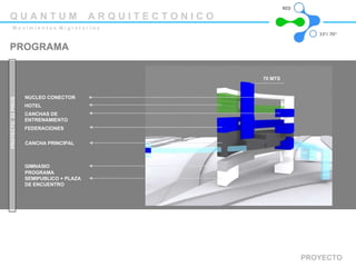 PROGRAMA PROYECTO PROYECTO  22 PISOS NUCLEO CONECTOR HOTEL FEDERACIONES CANCHA PRINCIPAL GIMNASIO PROGRAMA SEMIPUBLICO + PLAZA DE ENCUENTRO CANCHAS DE ENTRENAMIENTO 70 MTS  Q U A N T U M  A R Q U I T E C T O N I C O M o v i m i e n t o s  M i g r a t o r i o s 33º/ 70ª RED 
