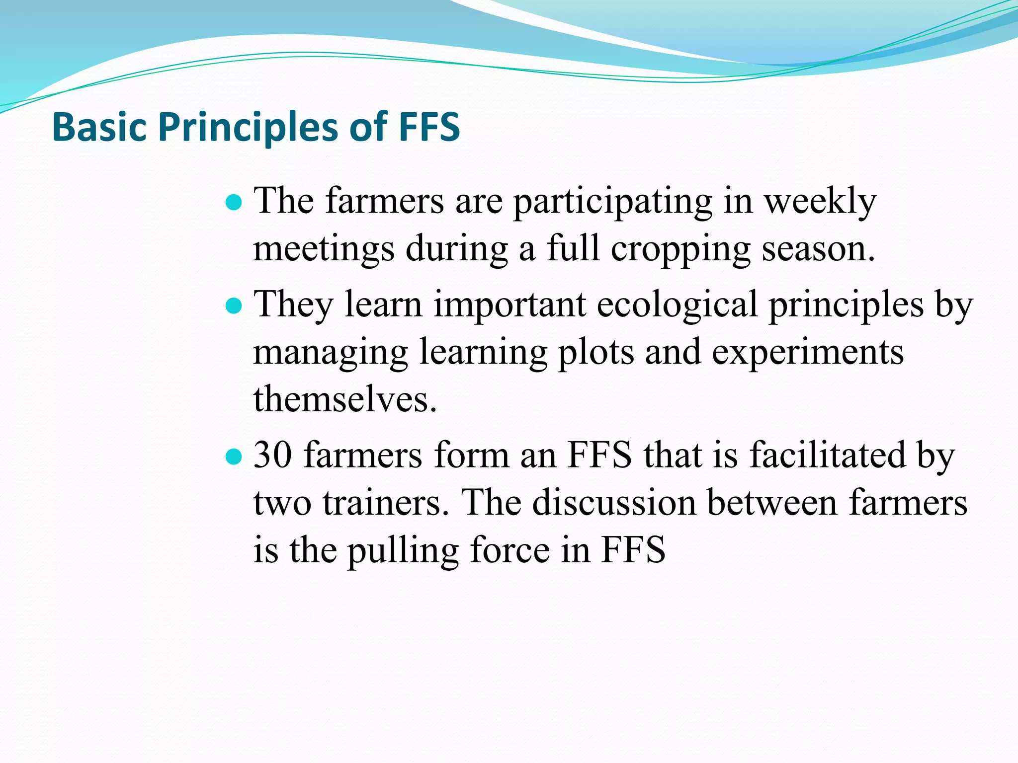 Basic Principles of FFS
● The farmers are participating in weekly
meetings during a full cropping season.
● They learn important ecological principles by
managing learning plots and experiments
themselves.
● 30 farmers form an FFS that is facilitated by
two trainers. The discussion between farmers
is the pulling force in FFS
 