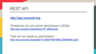 http://api.crossref.org
Önekleriniz için üst verinizi görüntüleyin (JSON):
http://api.crossref.org/prefixes/10.1256/works
Tekli üst veri kaydınızı görüntüleyin:
http://api.crossref.org/works/10.1002/14651858.CD004692.pub3
REST API
 
