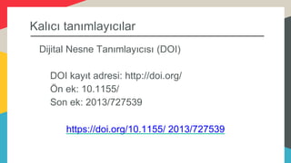 Kalıcı tanımlayıcılar
Dijital Nesne Tanımlayıcısı (DOI)
DOI kayıt adresi: http://doi.org/
Ön ek: 10.1155/
Son ek: 2013/727539
https://doi.org/10.1155/ 2013/727539
 