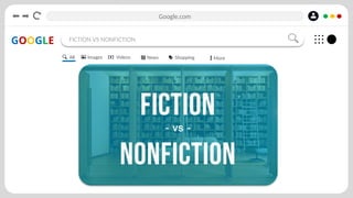 Google.com
GOOGLE FICTION VS NONFICTION
All Images Videos News Shopping More
 