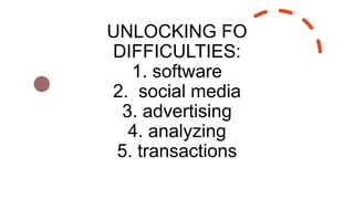 UNLOCKING FO
DIFFICULTIES:
1. software
2. social media
3. advertising
4. analyzing
5. transactions
 