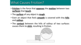 What Causes Friction?
• Friction is the force that opposes the motion between two
surfaces that touch.
• The surface of any object is rough.
• Even an object that feels smooth is covered with tiny hills
and valleys.
• The contact between the hills of valleys of two surfaces
causes them to stick, resulting in friction.
 